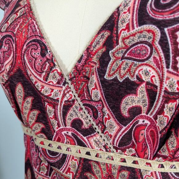 Y2K Babydoll Dress L Red Vintage Floral Paisley Beige Ribbon Feminine Dainty - Picture 2 of 11